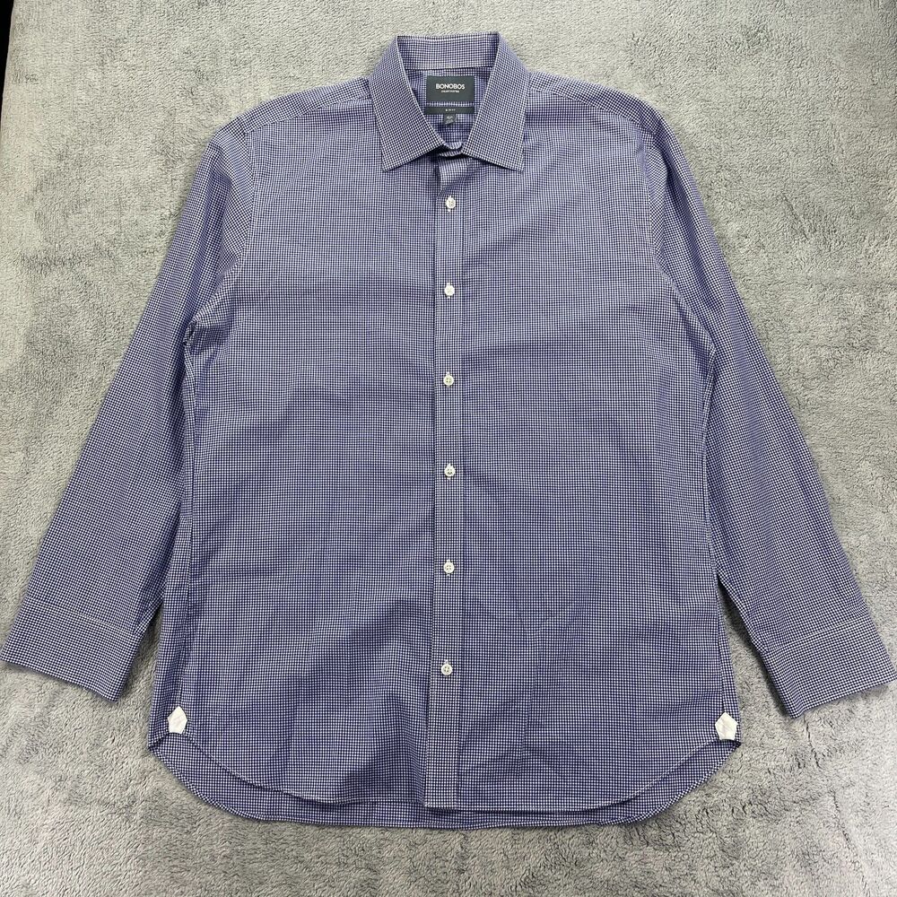 Bonobos Dress Shirt Mens 17.5 Blue White‎ Gingham Check Cotton Slim Fit Business